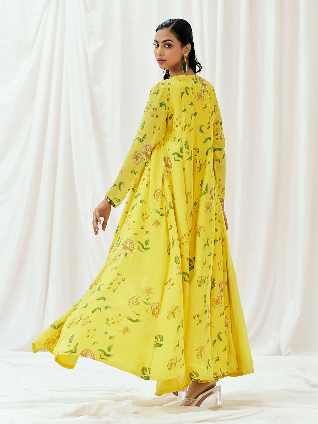 Bright Yellow Printed Embroidered Drape Skirt Set with Jacket image 7