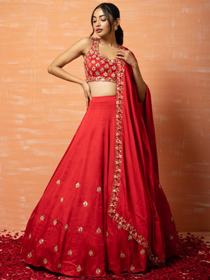 Red Bridal Silk Lehenga Set - XL image