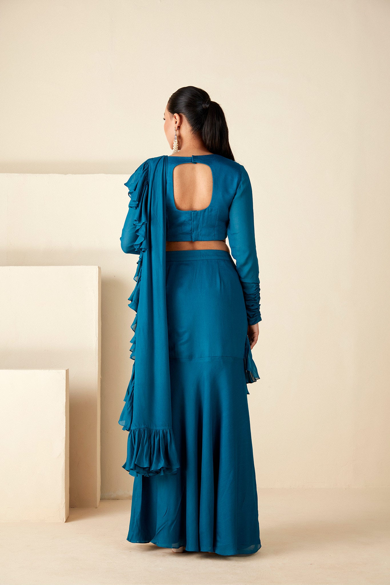 Teal Blue Ruffle Pant Saree image 1