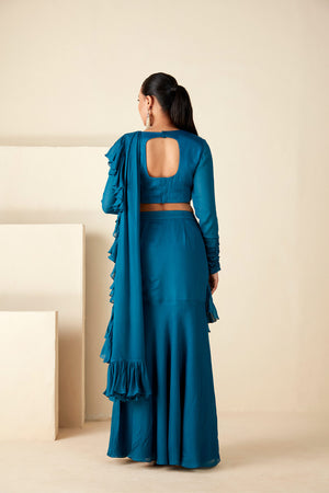 Teal Blue Ruffle Pant Saree image 1