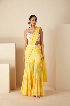 Yellow and White Pre-Drape Sharara Saree - M image
