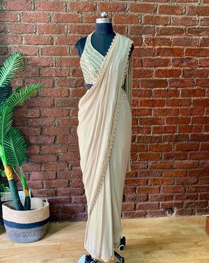 Beige Pre-stitched Saree With Mirror Blouse - S image