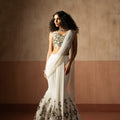 Fish Style White & Multicolored Hand Embroidered Georgette Fishtail Saree image 0