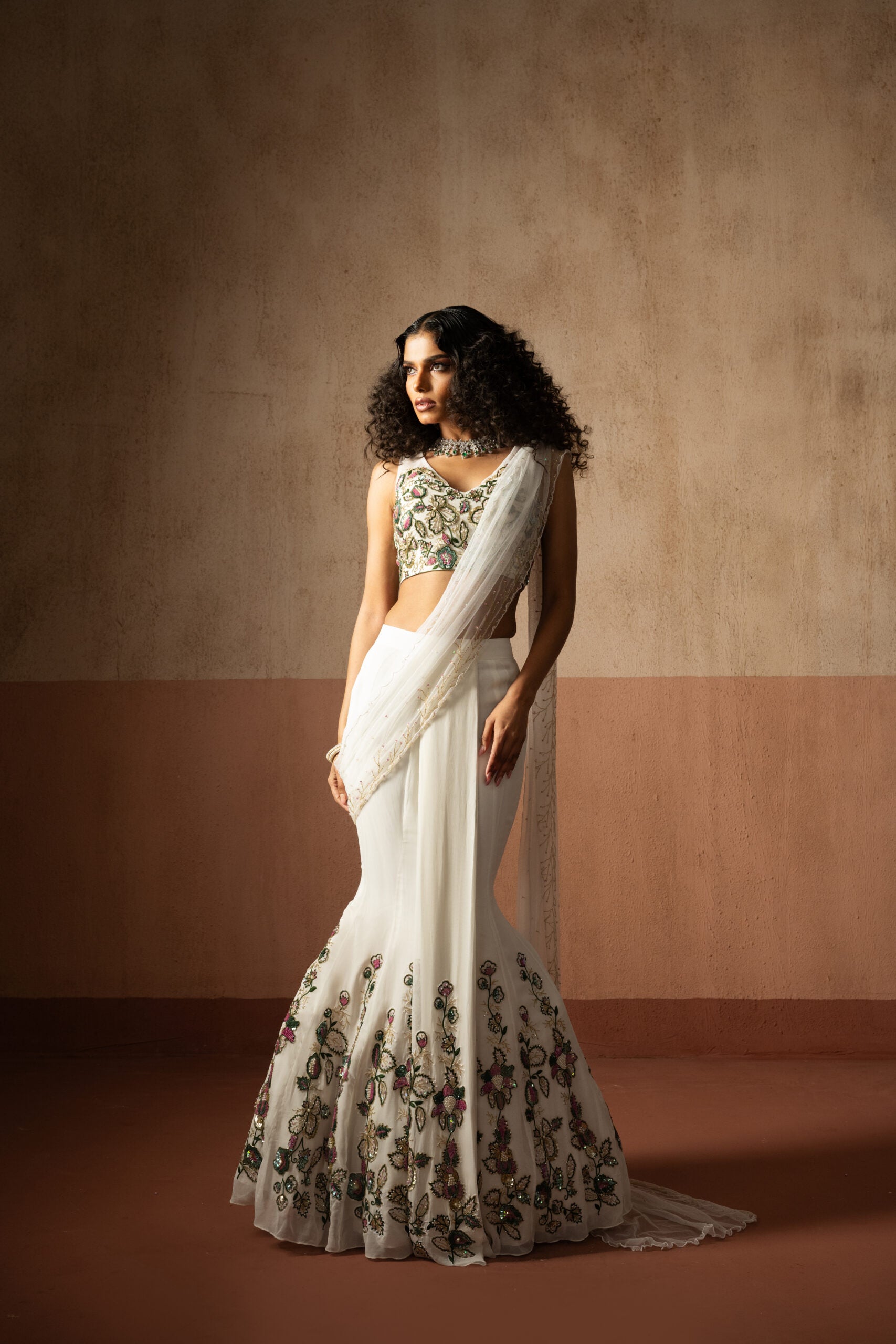 Fish Style White & Multicolored Hand Embroidered Georgette Fishtail Saree image 0