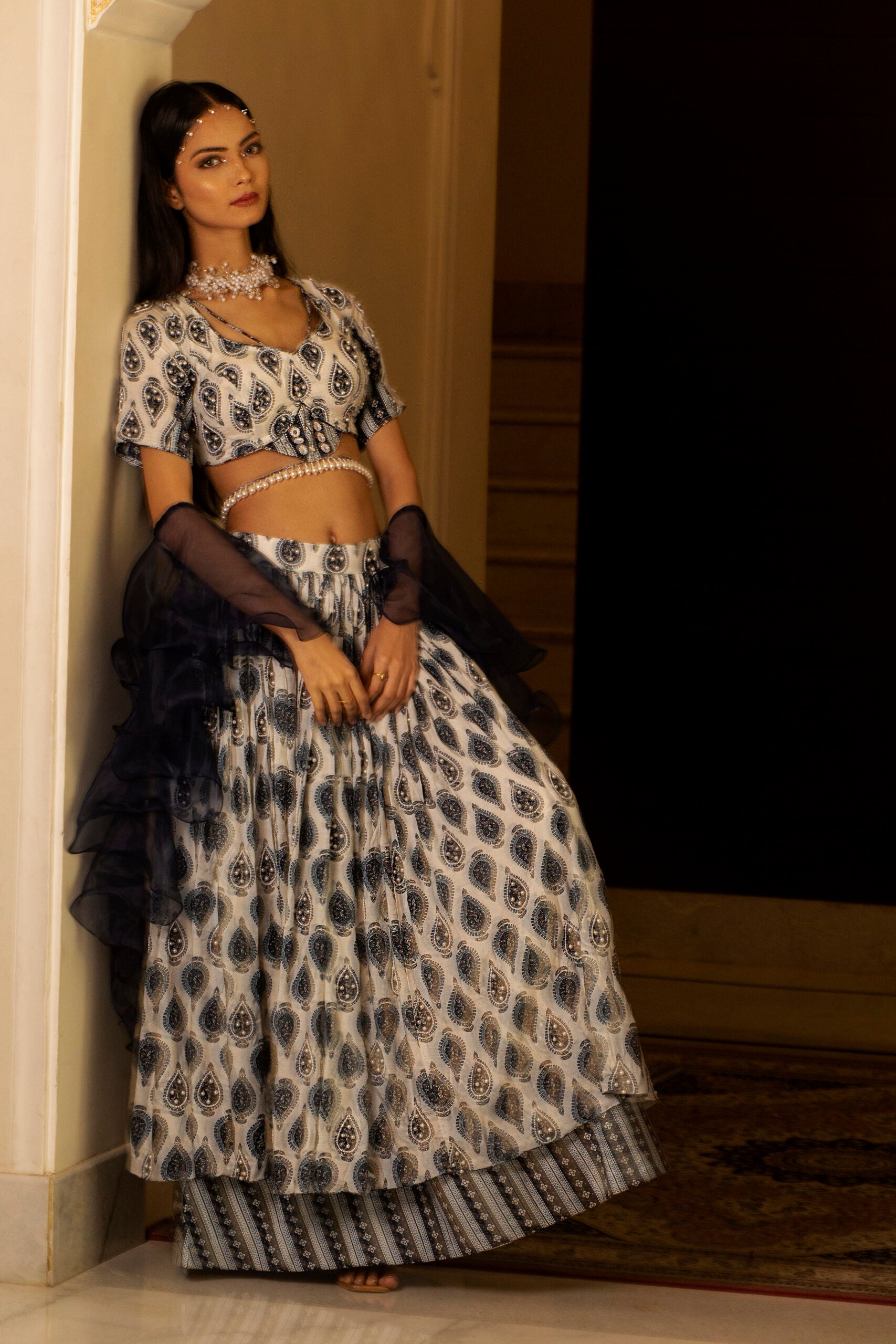 White Printed Tie-at-Waist Blouse and Skirt Set - L image