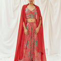 Red Printed Embroidered Drape Skirt Set with Cape image 0