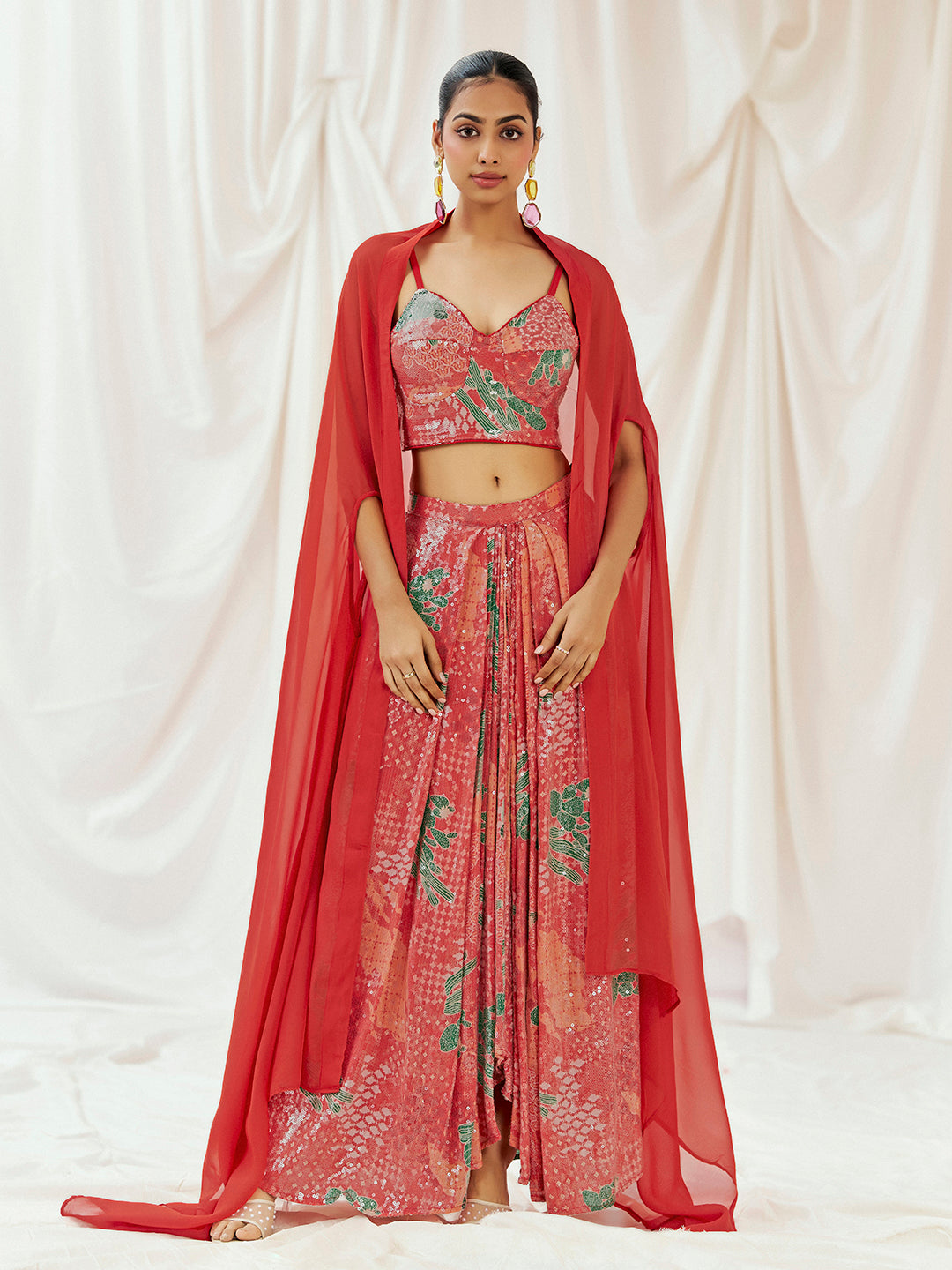 Red Printed Embroidered Drape Skirt Set with Cape image 0