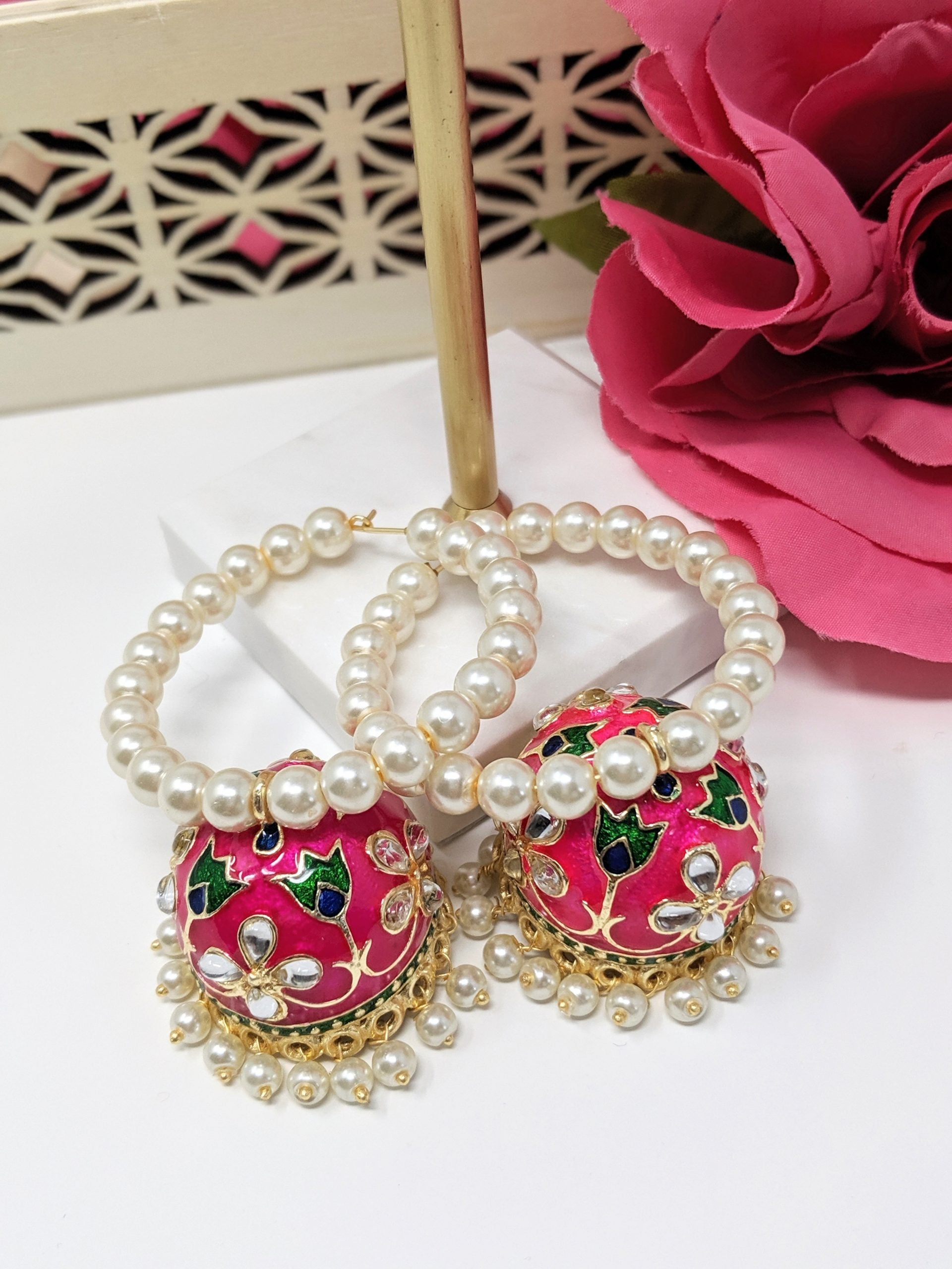 Pearl Hoop with Meenakari Jhumka image