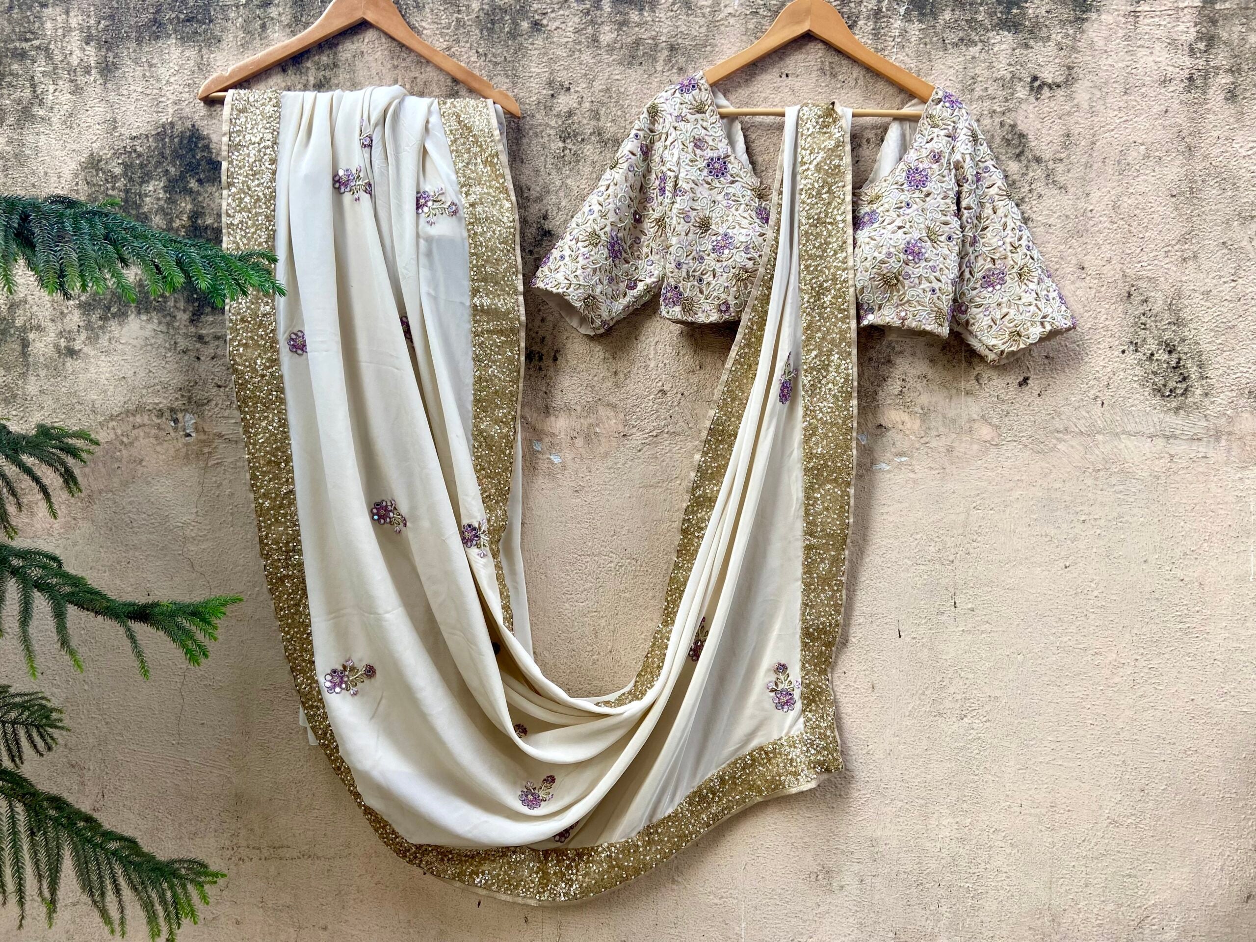 Ivory and Lavender Embroidered Saree image 2