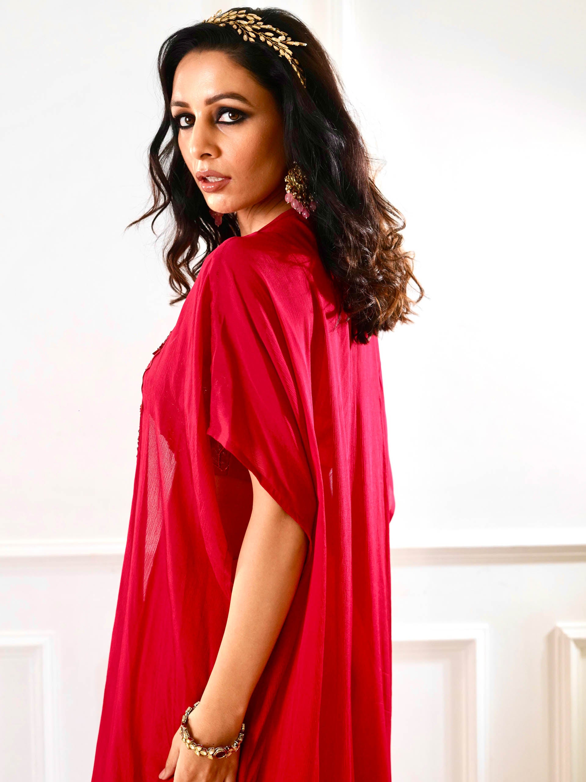 Shirin Pink Drape Skirt Set with Cape image 11
