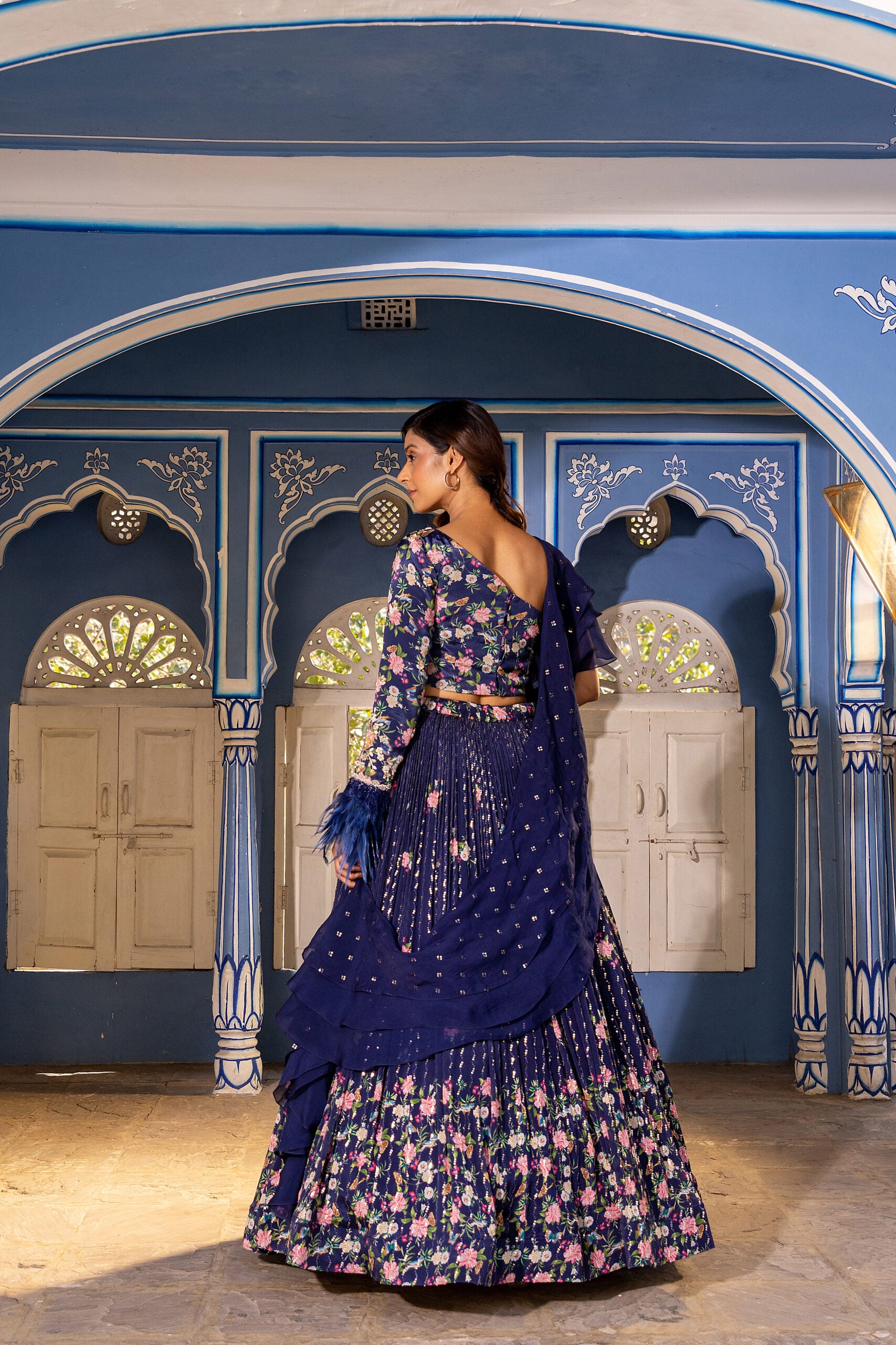 Navy Floral Blue Georgette Crepe Hand Embroidered Lehenga image 3
