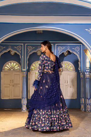 Navy Floral Blue Georgette Crepe Hand Embroidered Lehenga image 3