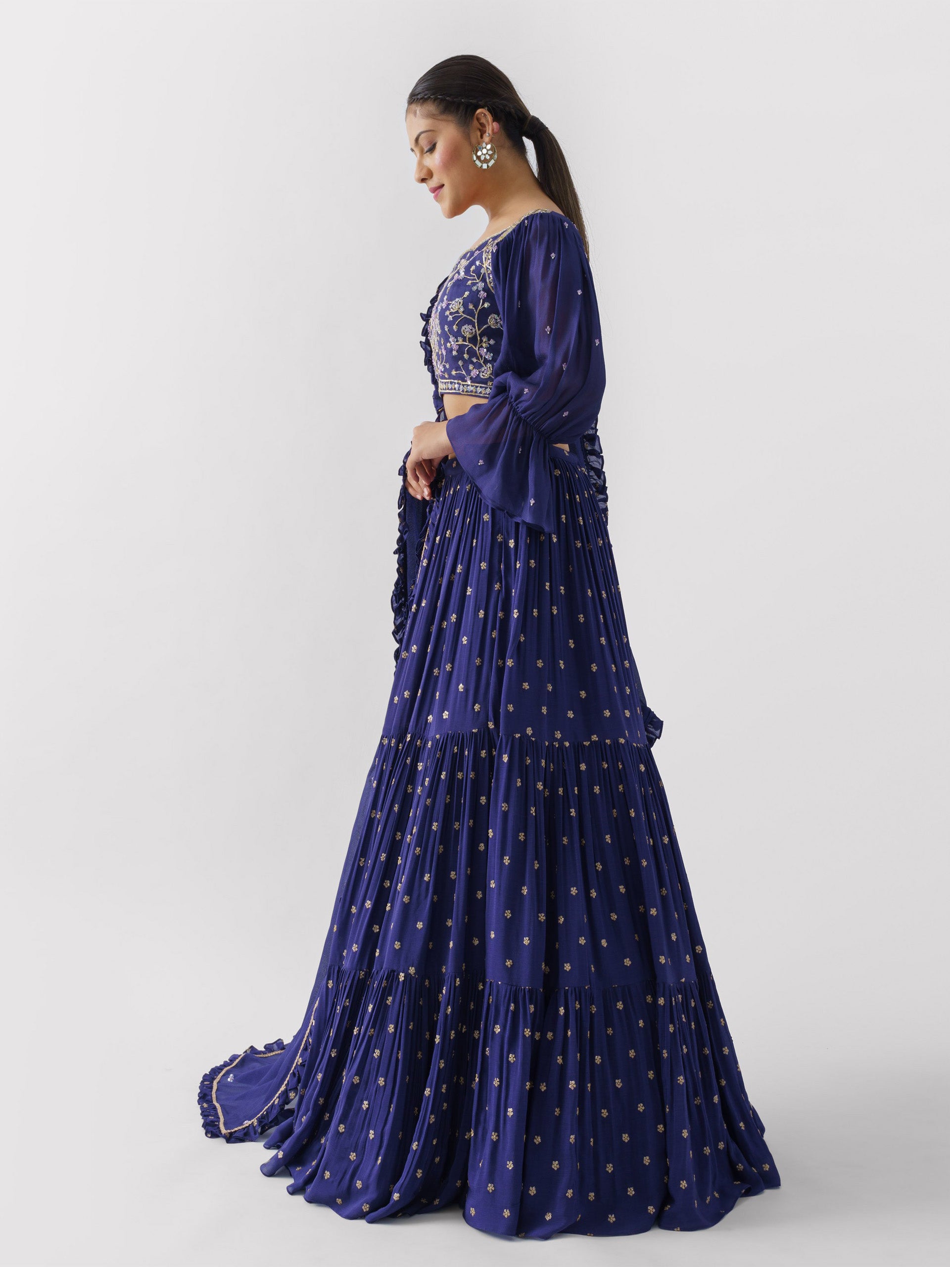 Purple Three Layered Lehenga Paired With Blouse And Dupatta image 3