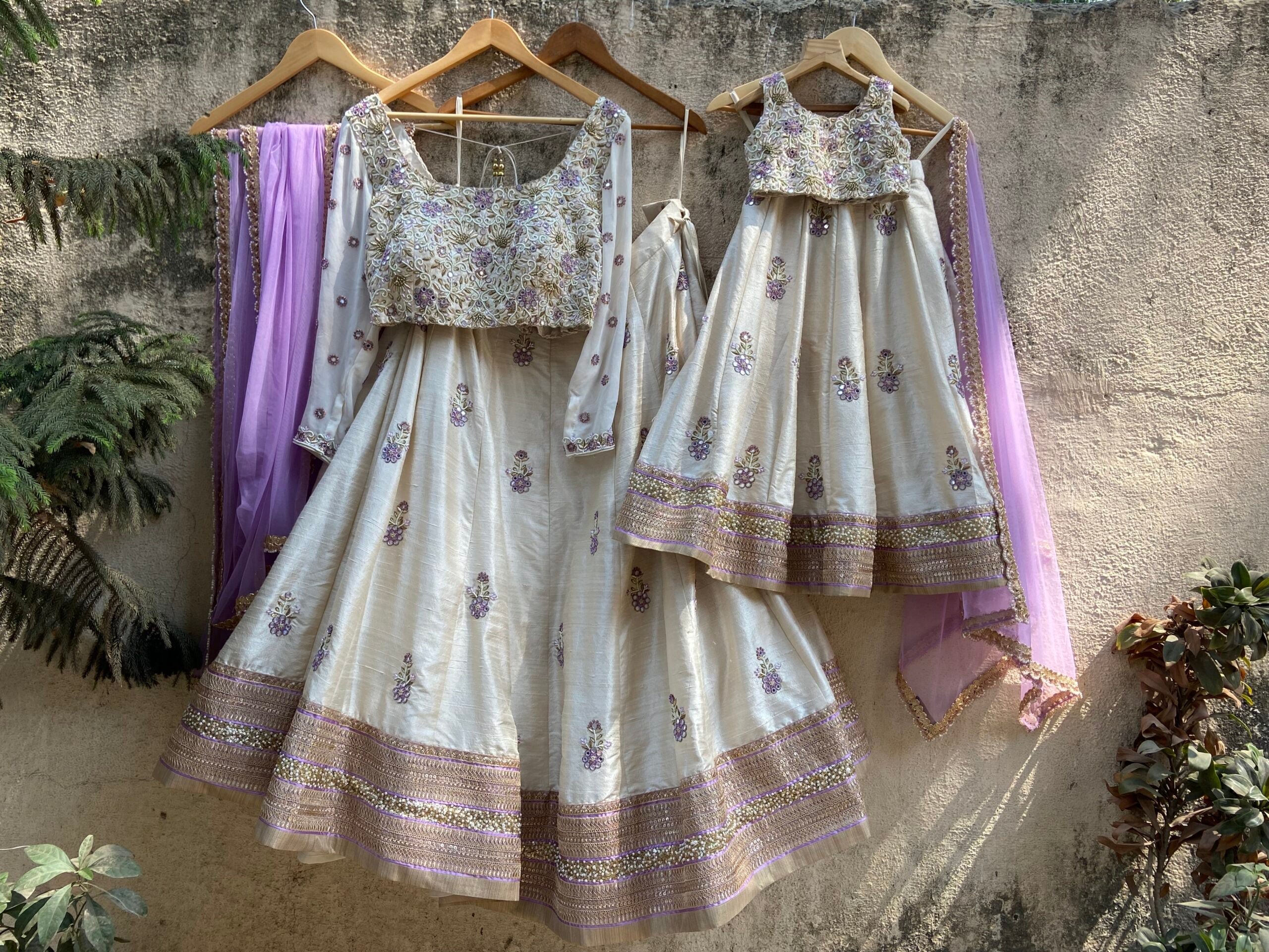 Ivory and Lavender Mirror Work Lehenga Set image 6