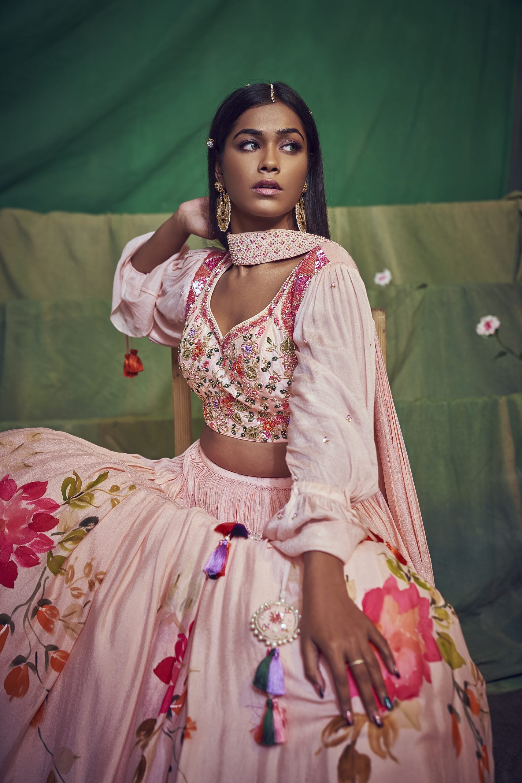 Hand Painted Peach Floral Lehenga image 1