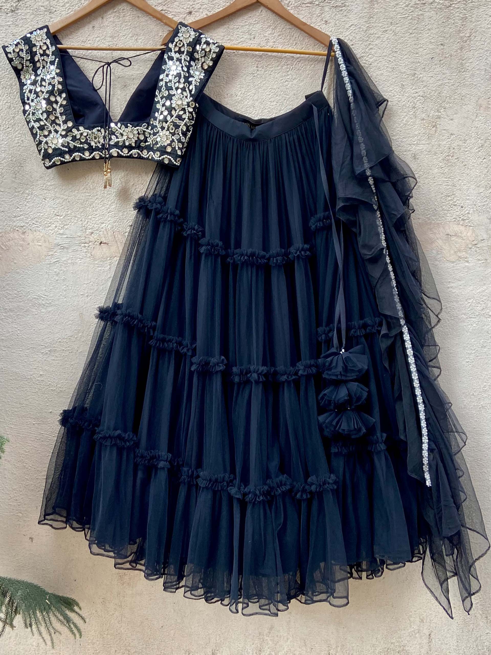 Black Tulle Tier Ruffle Lehenga Set with Black Blouse image 2