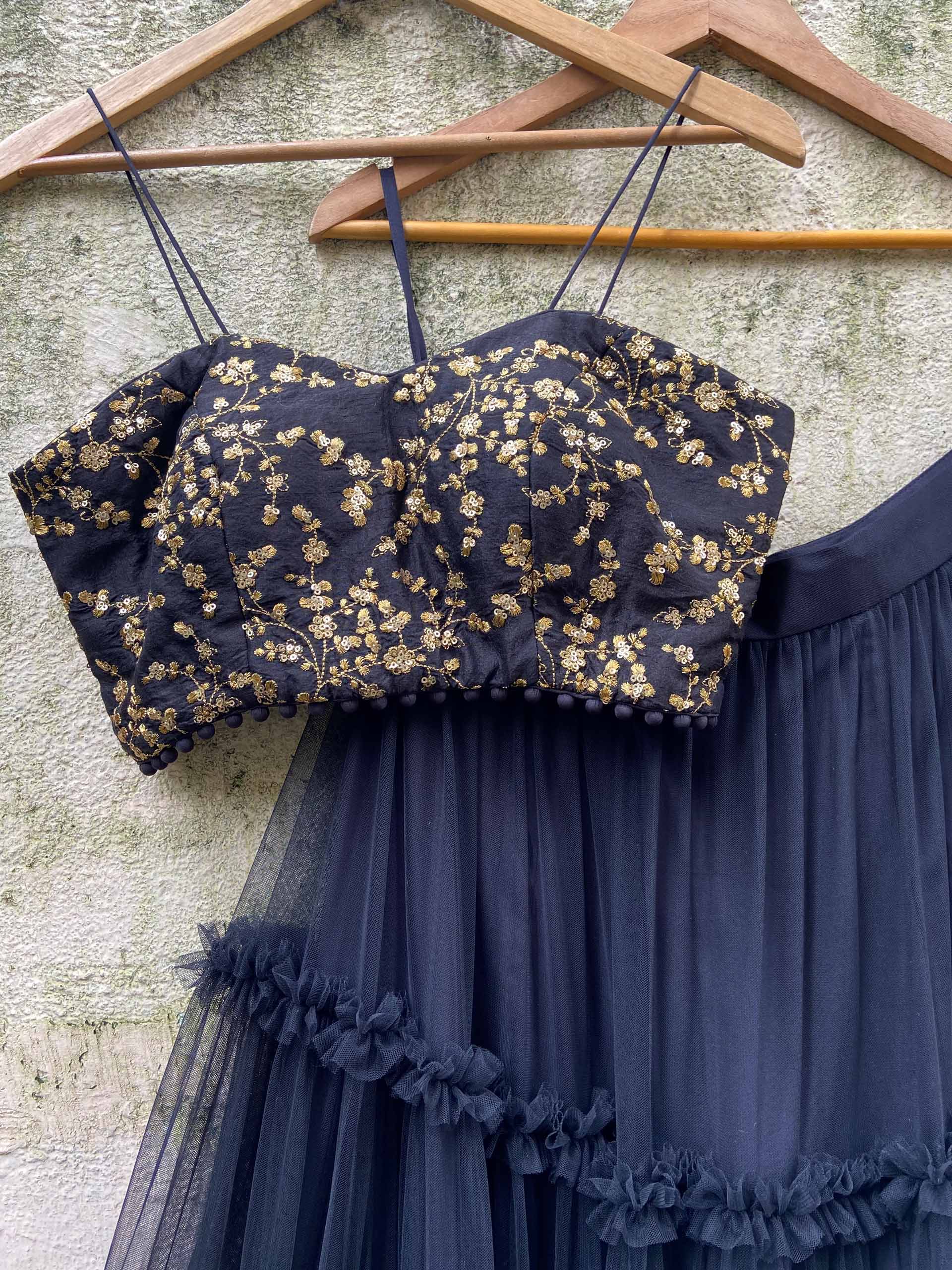 Black Ruffle Zari Lehenga Set image 1