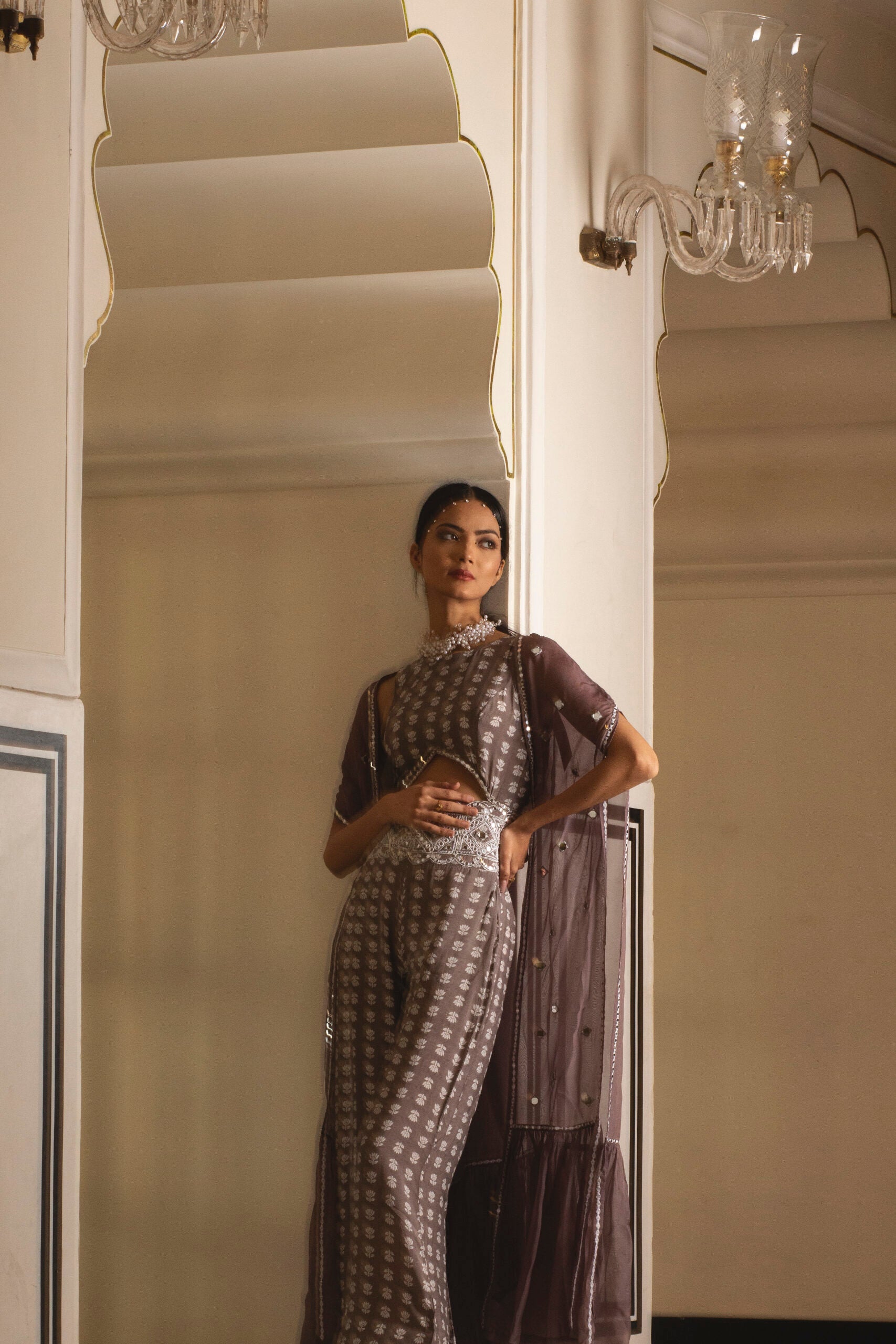 Grey Printed Jumpsuit With Organza Shrug image 6