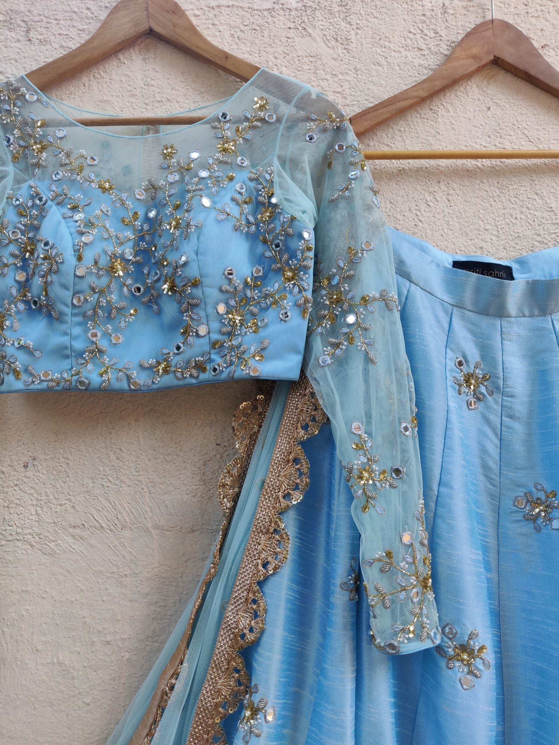 Powder Blue Mirror and Thread Embroidered Lehenga Set image 1