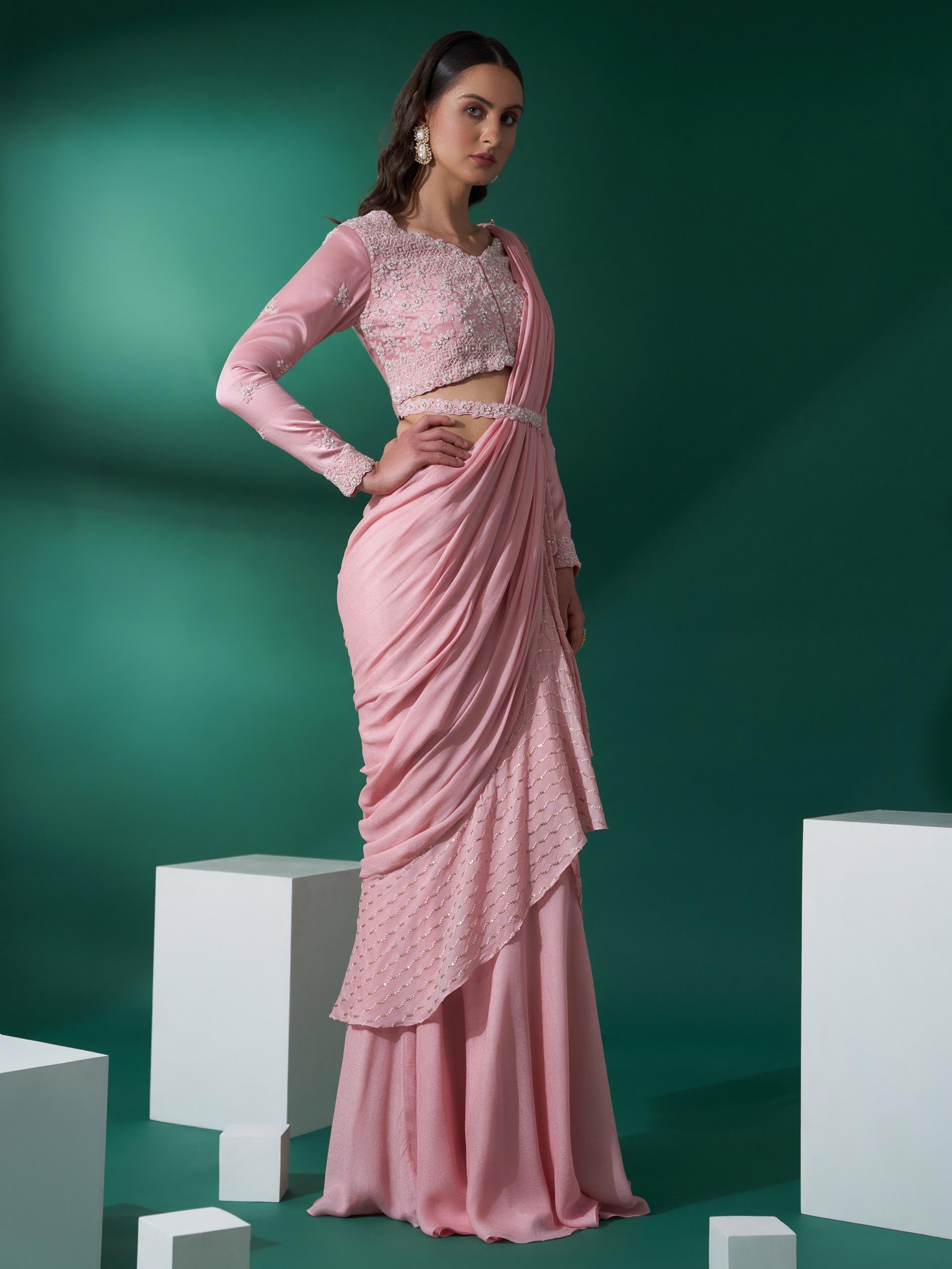 Light Pink Pre Draped Saree Set image 3
