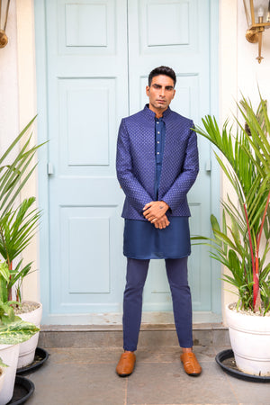Navy Sequin Open Jacket Kurta Set image 0