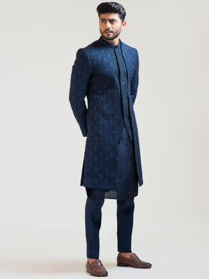 Navy Blue Leaf Open Achkan Coat Set - Custom image