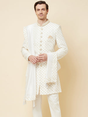 Royal White Embroidered Sherwani Set image 6