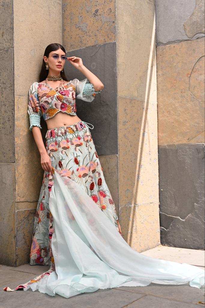 Powder Blue off Shoulder Lehenga Set image 1