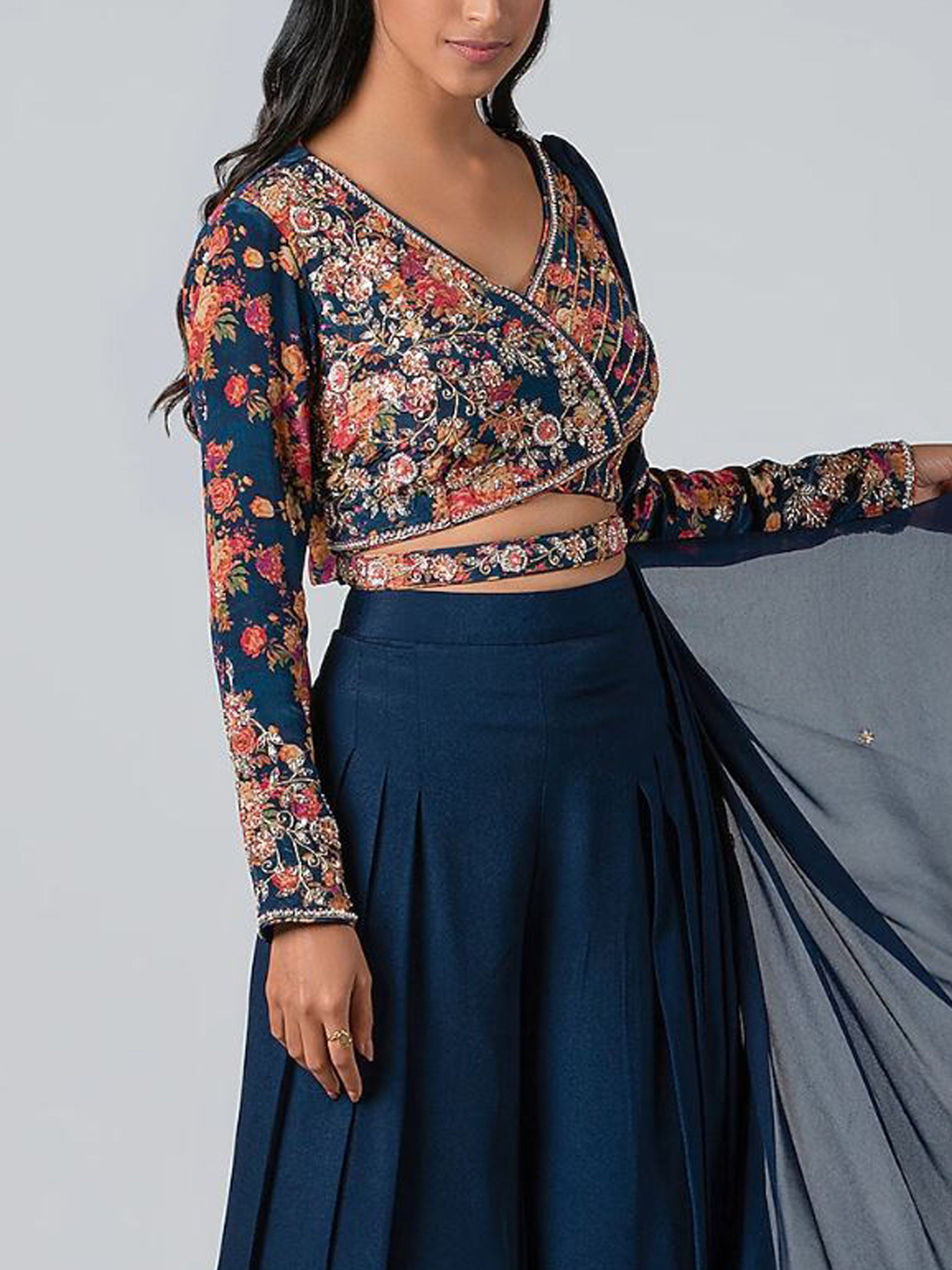 Dark Blue Floral Flared Pant Set image 1