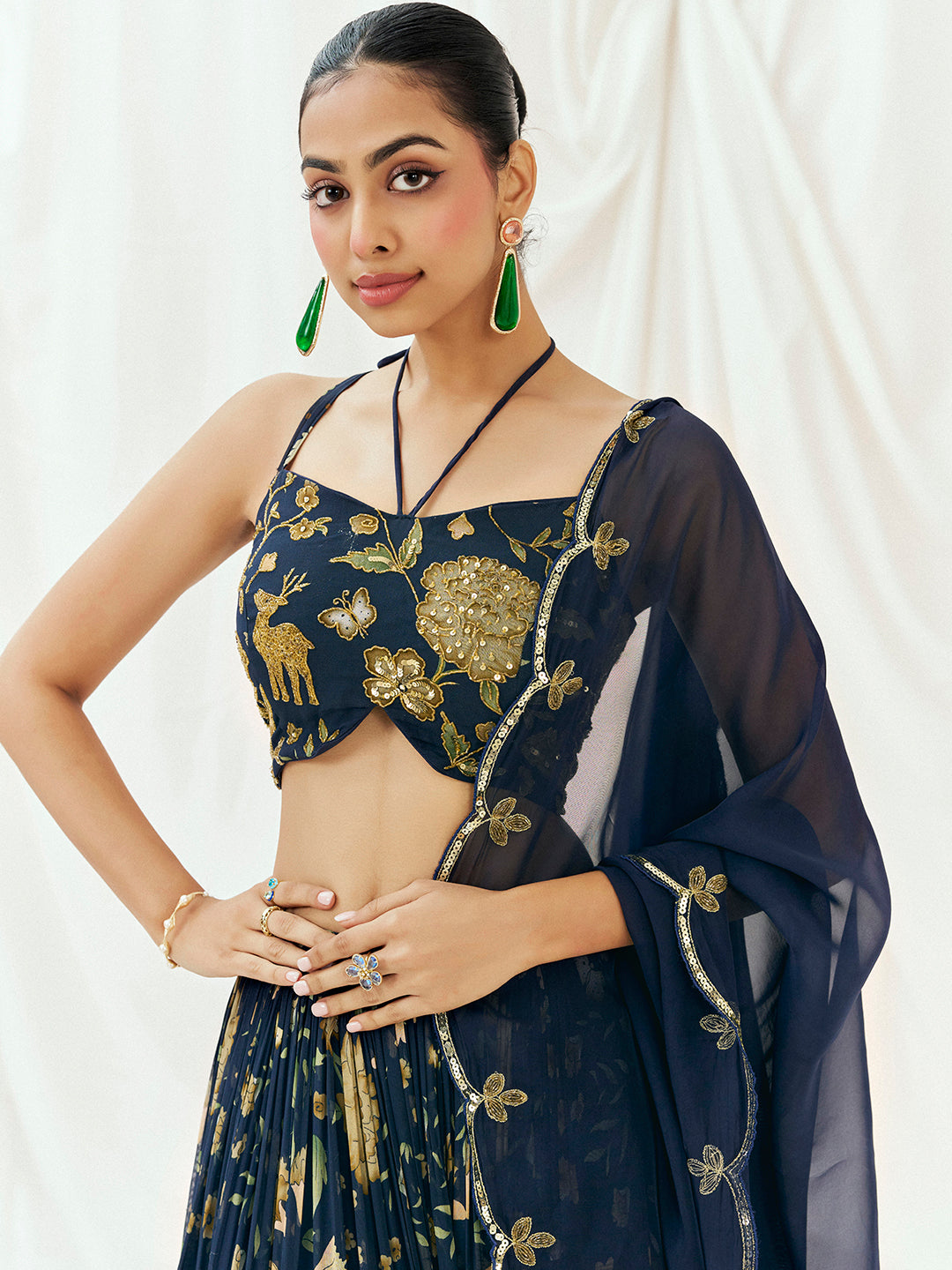 Navy Blue Printed Embroidered Lehenga Set with Dupatta image 6