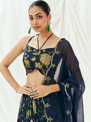 Navy Blue Printed Embroidered Lehenga Set with Dupatta image 6