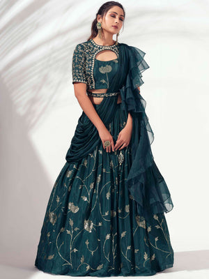Bottle Green Embroidered Lehenga Set image 0