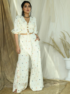 Off-White Leaf Embroidered Pallazo Co-ord Set image 0
