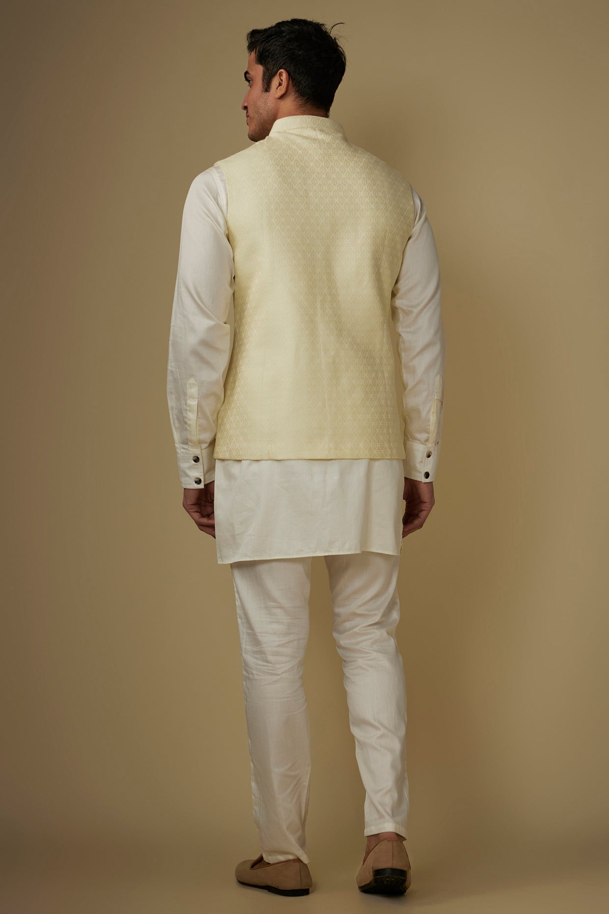 Ivory Floral Jacquard Jacket Kurta Set image 2
