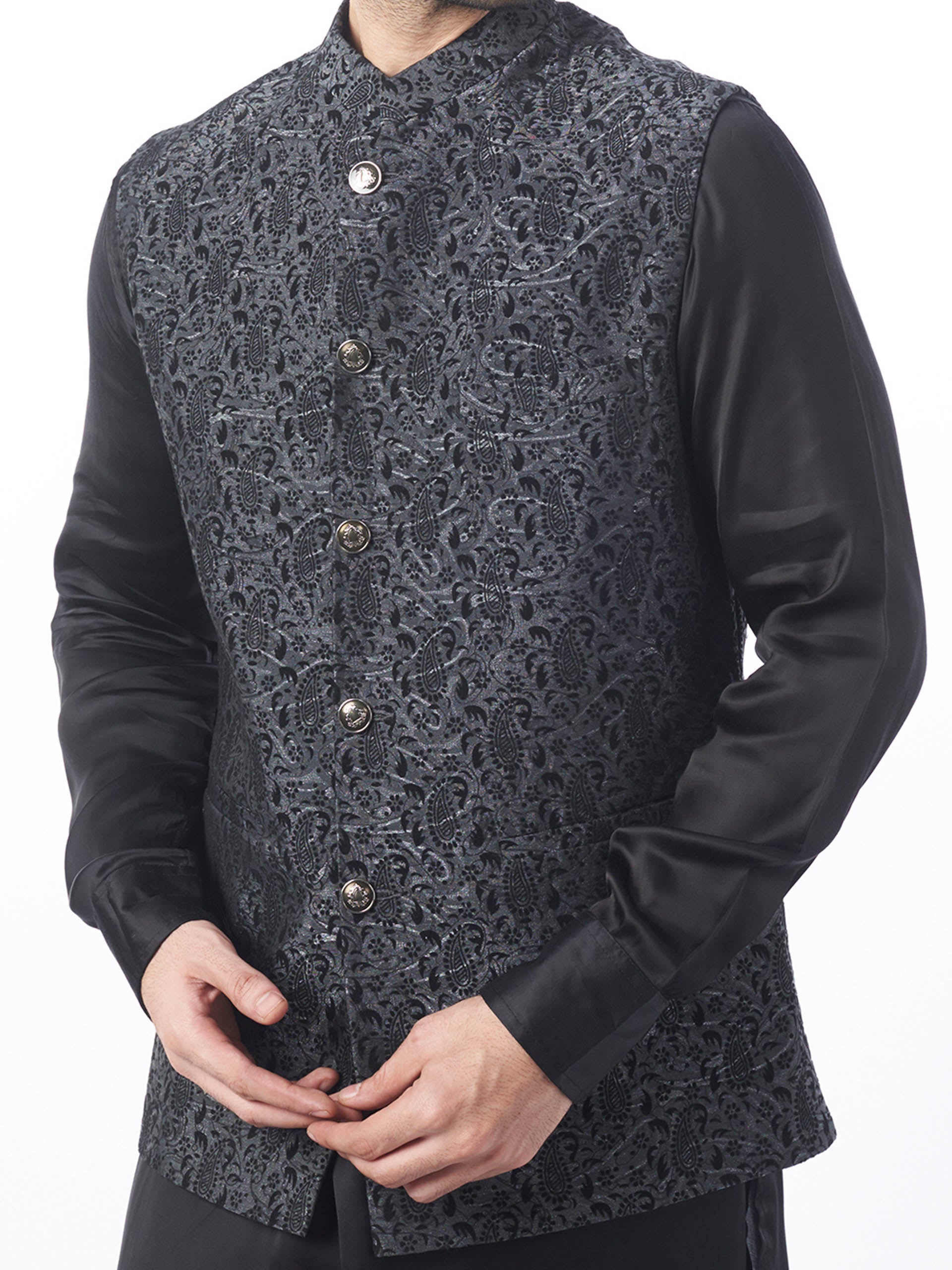 Black Brocade Bundi Jacket Set image 1