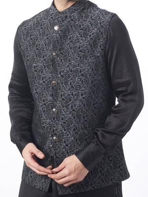 Black Brocade Bundi Jacket Set image 1