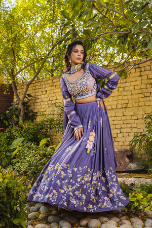 Lavender Crepe Embroidered Lehenga Set - S image