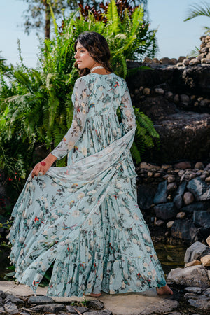 Powder Blue Printed &amp; Embroidered Sharara Set image 4