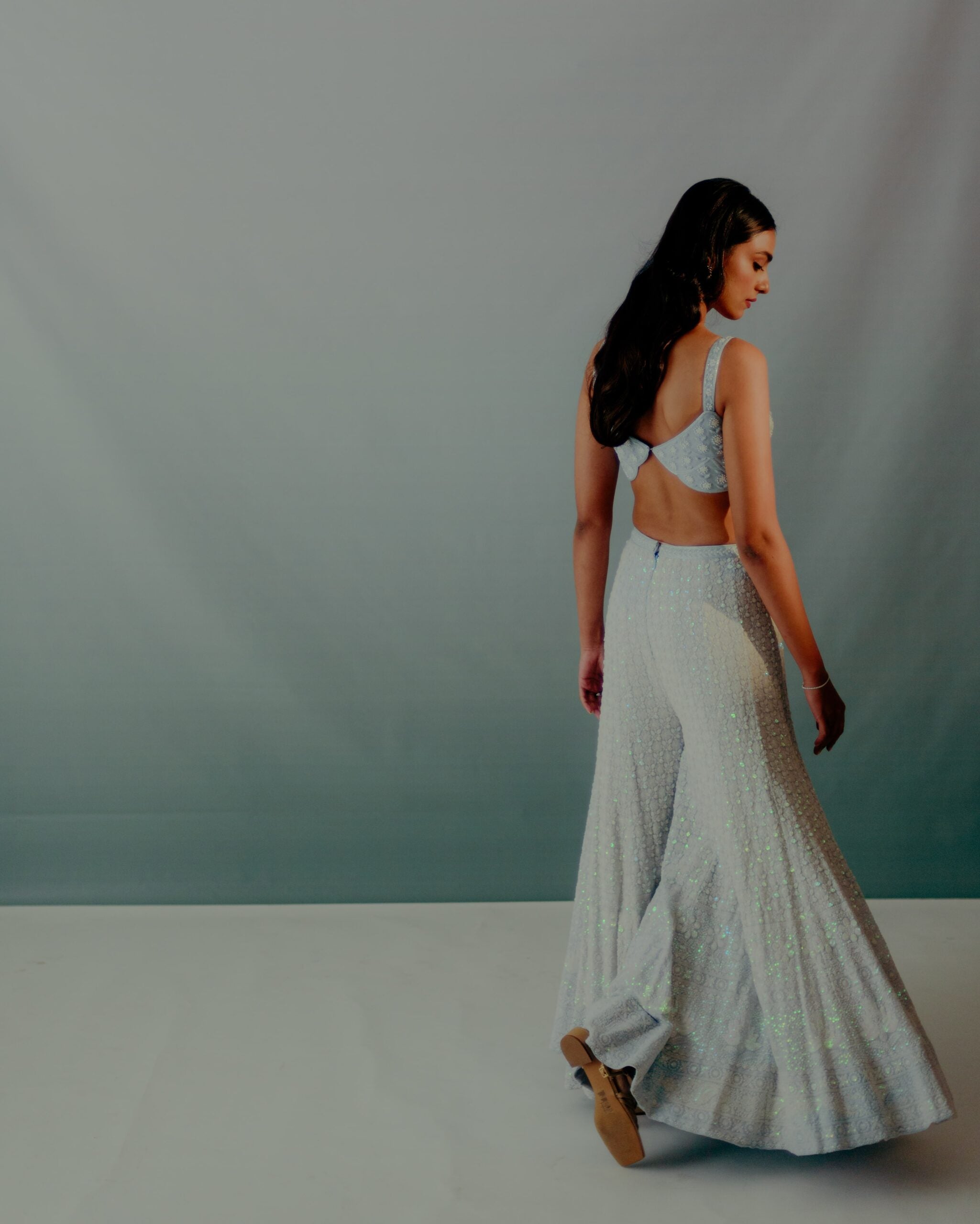 Baby Blue Lucknowi Sequin Saree Set image 3