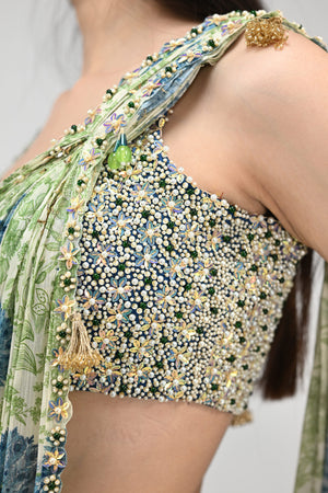 HIGHLIGHTED PRE STICHED PEACOCK SAREE PAIRED WITH BEAD BLOUSE image 1