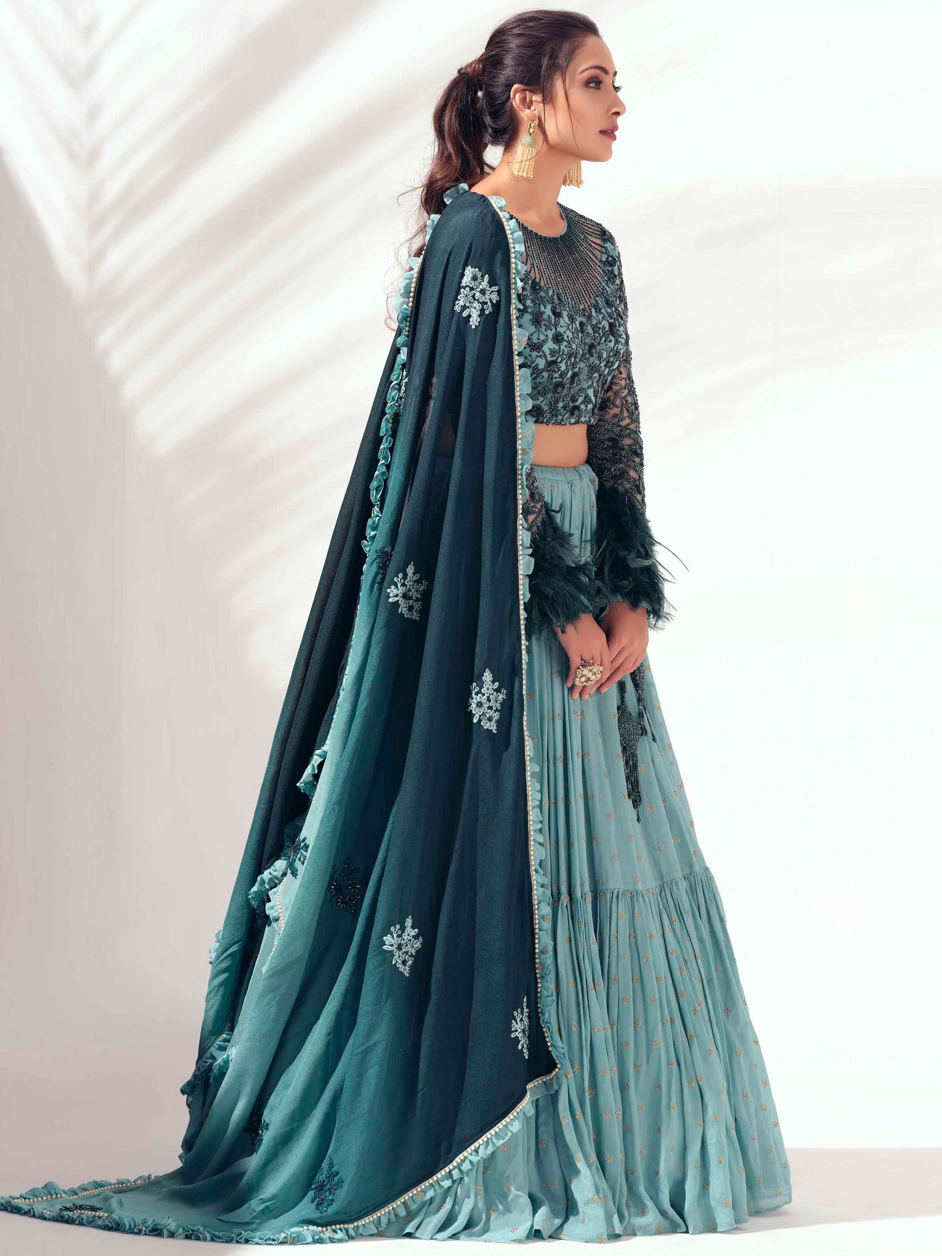 Green Self Embroidered Lehenga Set image 2
