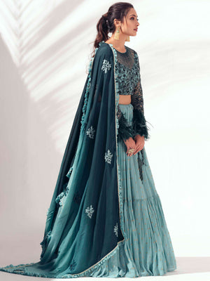 Green Self Embroidered Lehenga Set image 2