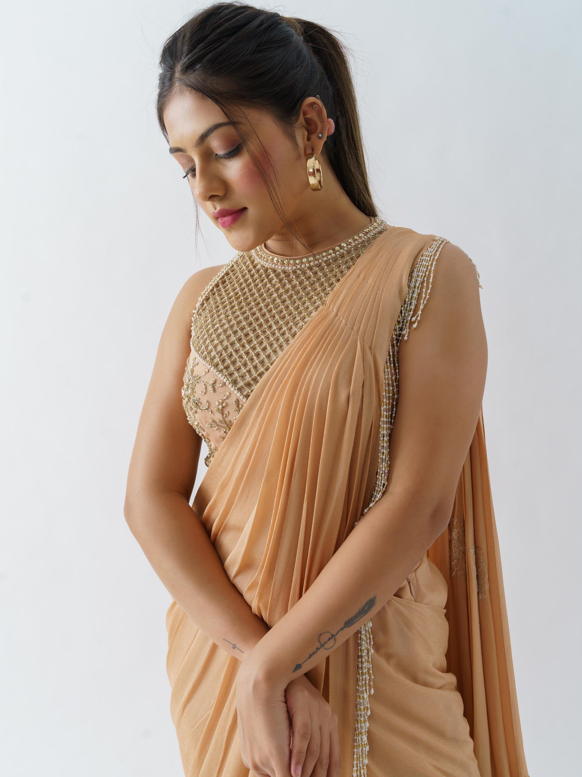 Peach Pre Drape Saree Set image 2