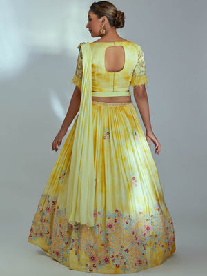 Yellow Tie Dye Floral Pre Draped Dupatta Set image 2