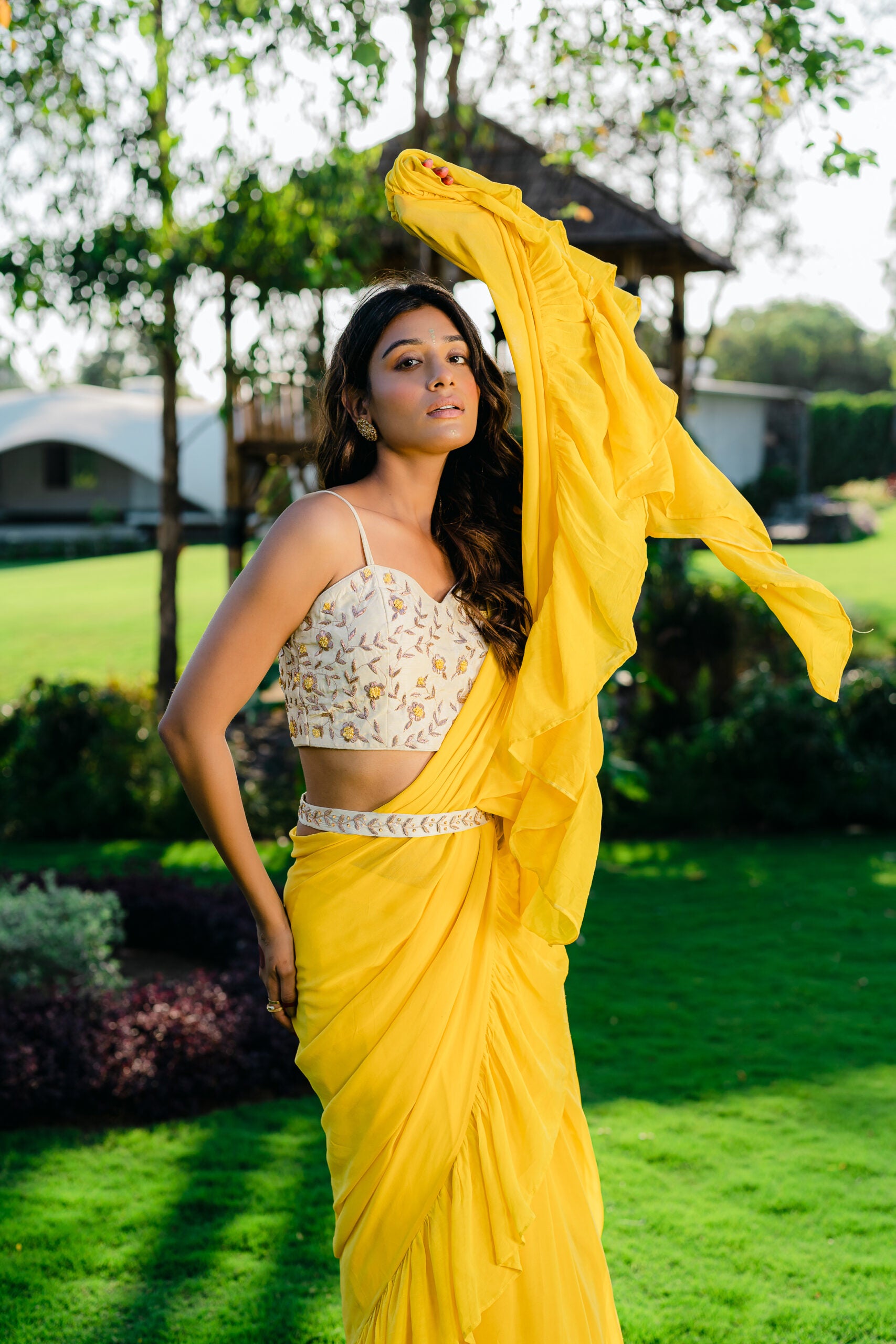 Yellow Embroidered Drape Saree Set with Belt image 4