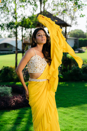 Yellow Embroidered Drape Saree Set with Belt image 4