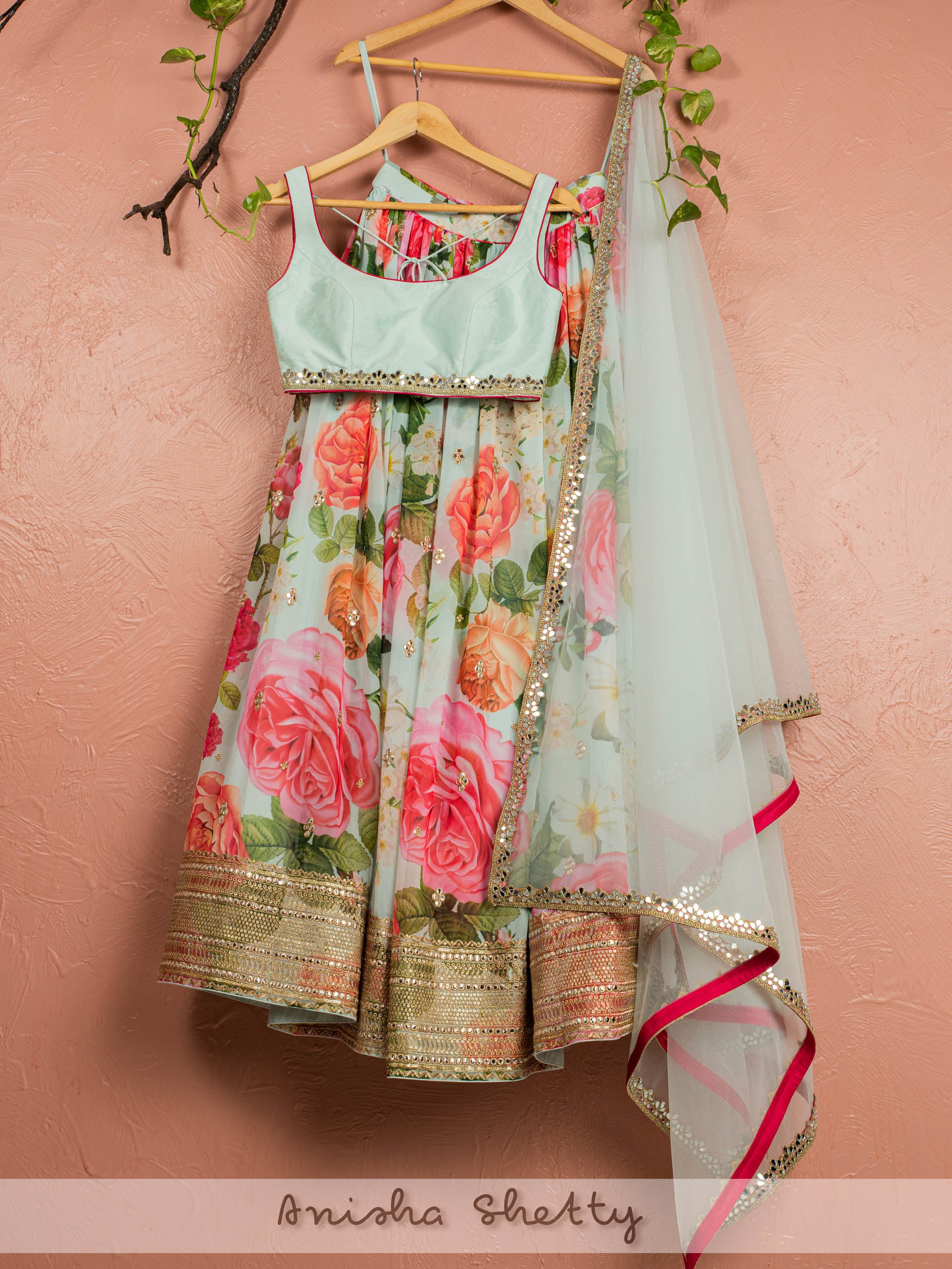 Aqua Floral Mirror Lehenga Set - Custom image