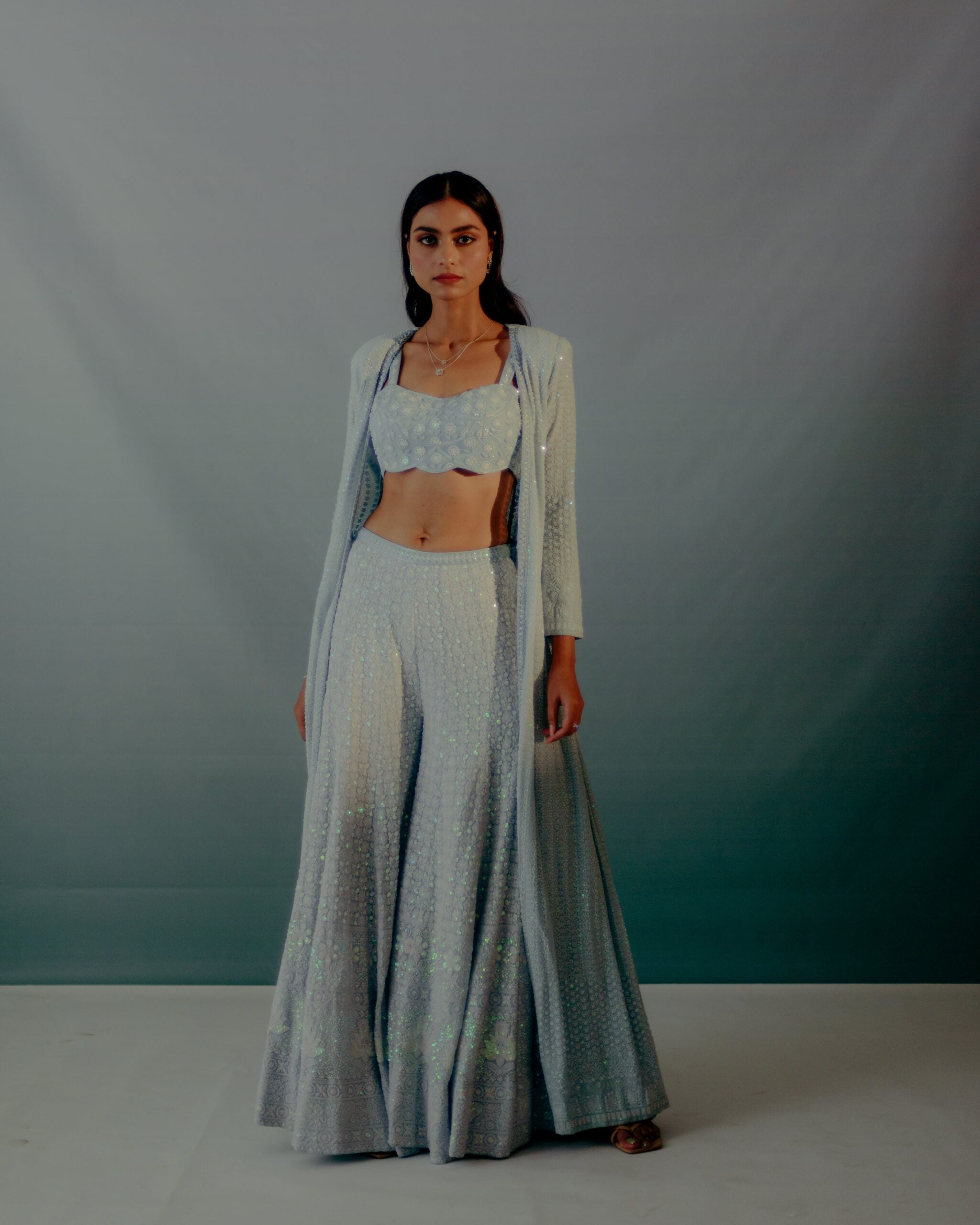 Baby Blue Lucknowi Sequin Saree Set image 0