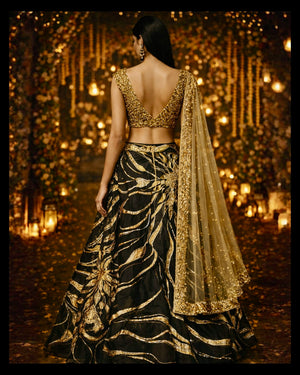 Antique Gold sequins blouse with black gold woven skirt and dupatta image 2