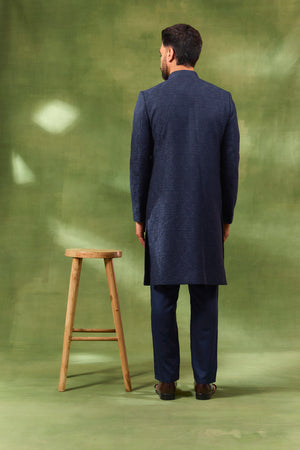Navy Blended Silk Embroidered Sherwani Set image 3